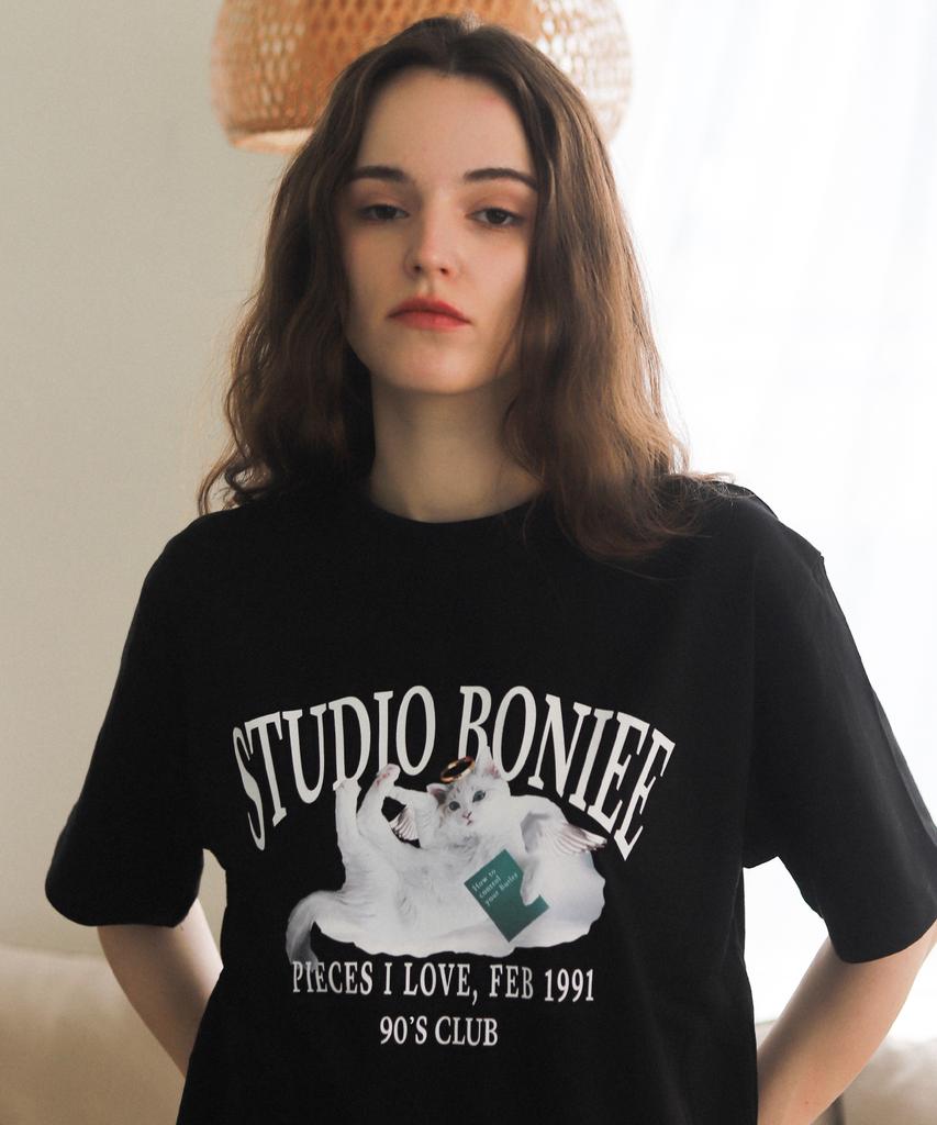 BONIEE Angel Cat Kitten Graphic Loose Oversized T-Shirt Black