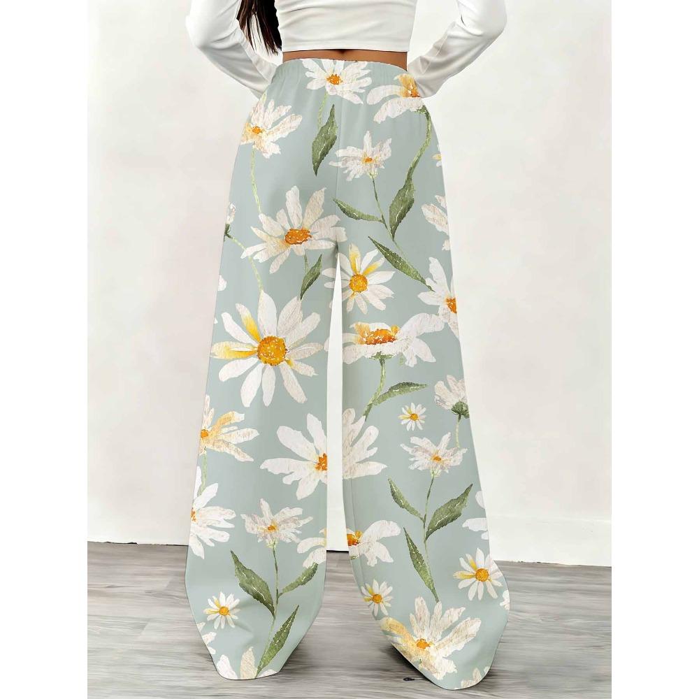 Women's Plus Size Wide Leg Pants Light Blue Daisy Print Casual Pants, Overseas Print