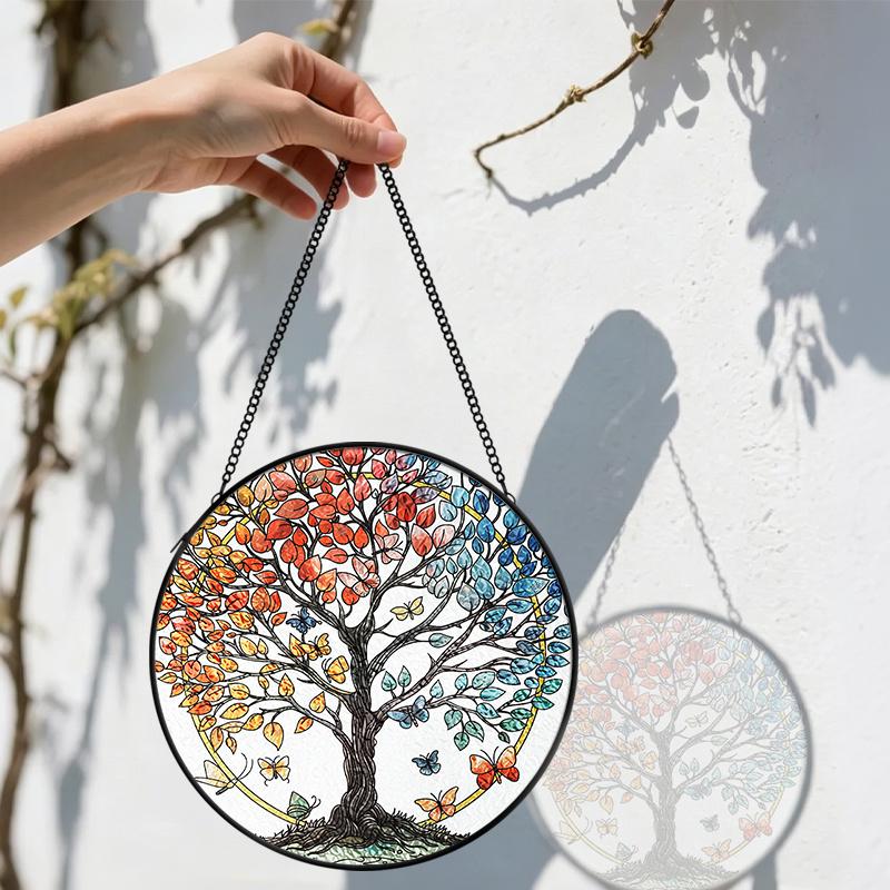 2D Flat Stained Glass Tree of Life Window Decoration, 6.3/7.87inches Colored Glass Plate with Chain, Charming Indoor/Outdoor Sun Catcher Home Garden