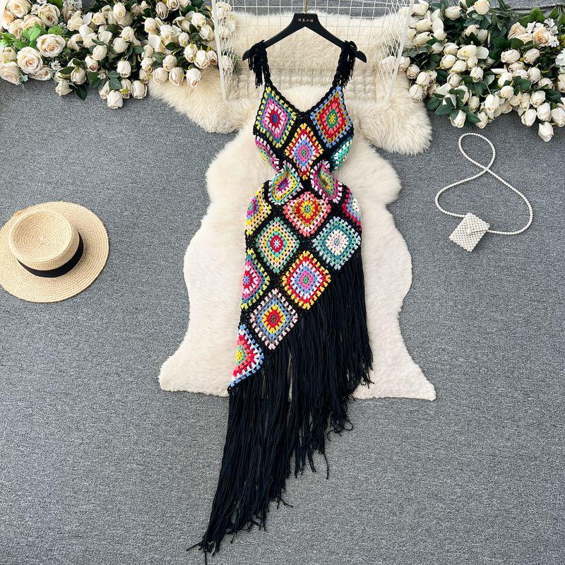 

Niche Style Asymmetrical Crochet Tassel Suspender Vacation Skirt Black All yards