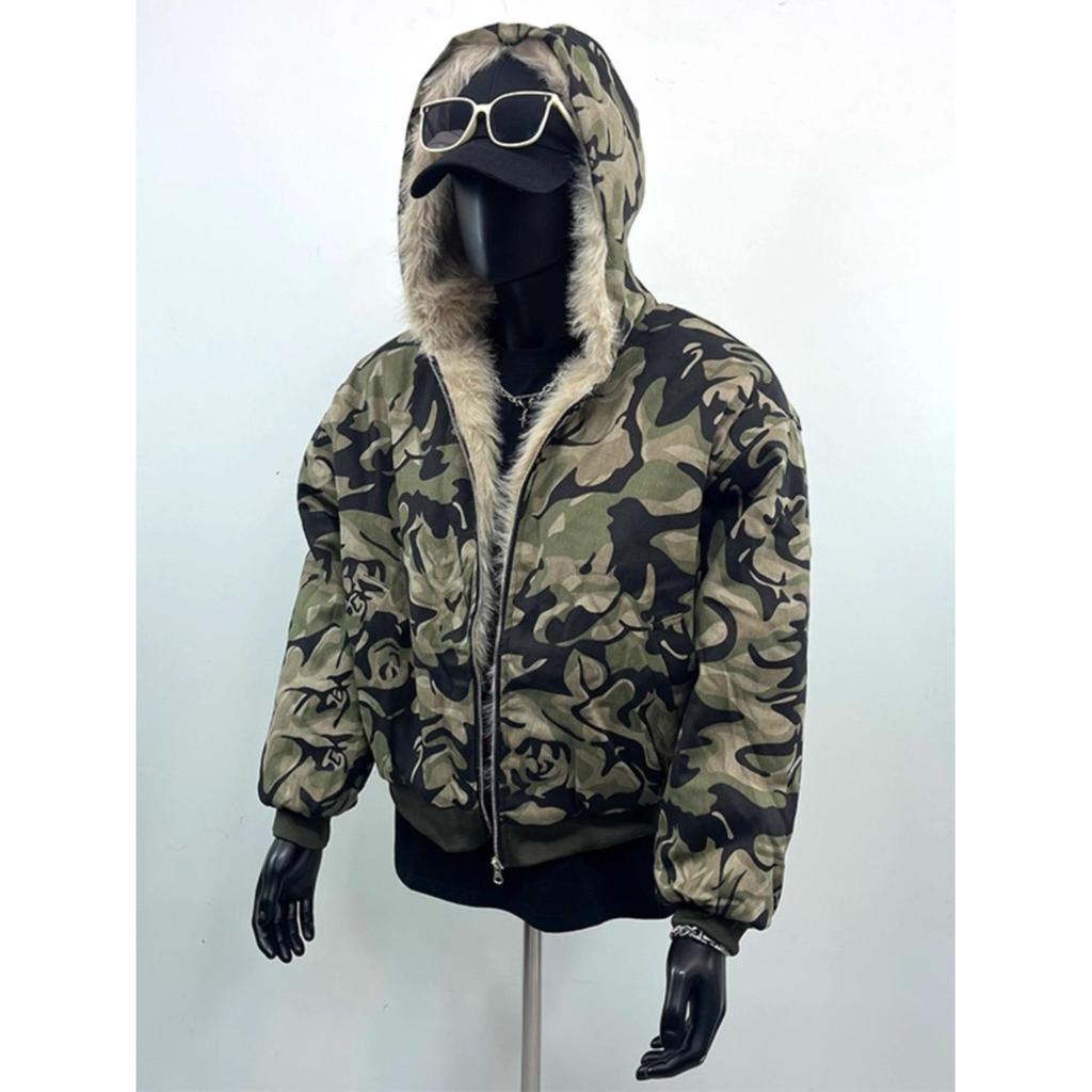 Unisex Camouflage Bavlněná Zimní Bunda s Kožešinovou Kapucí