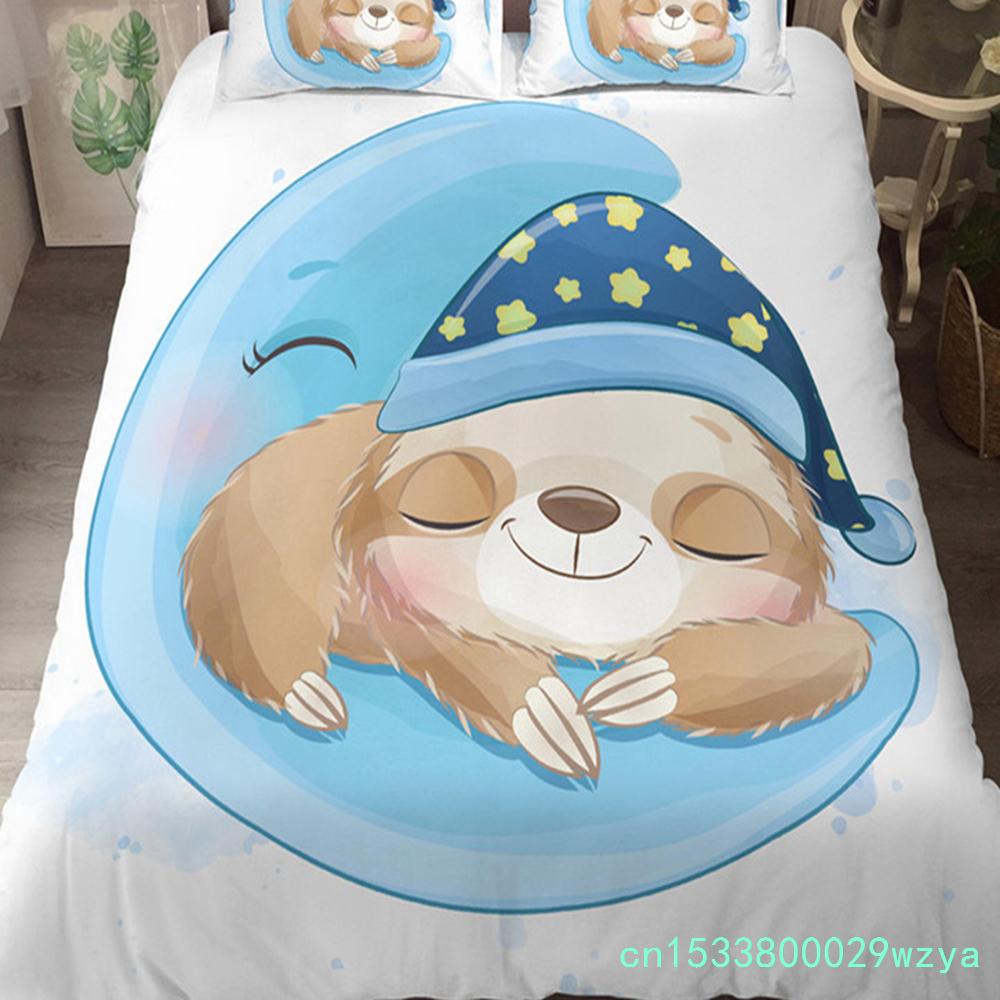 Liebliches Faultier Bettbezug-Set Cartoon Tier Bettwäsche-Set für Mädchen Jungen Teenager Wohnheim Schlafzimmer Dekor Mikrofaser King Bettdeckenbezug