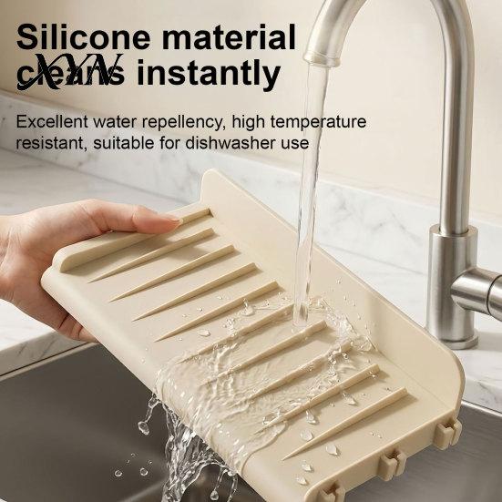 Sink Splash Guard Silicone Kitchen Faucet Mat, Foldable with Suction Cup, Cup Mat 5 Degrees Slope Countertop Water Draining for Bathroom Non-slip