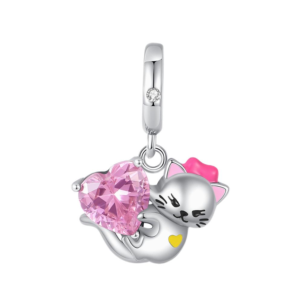 New 925 Silver Cute Cat Dog Charm Heart Pendant Beads Fit Bracelet DIY Women Jewelry Fine Gift