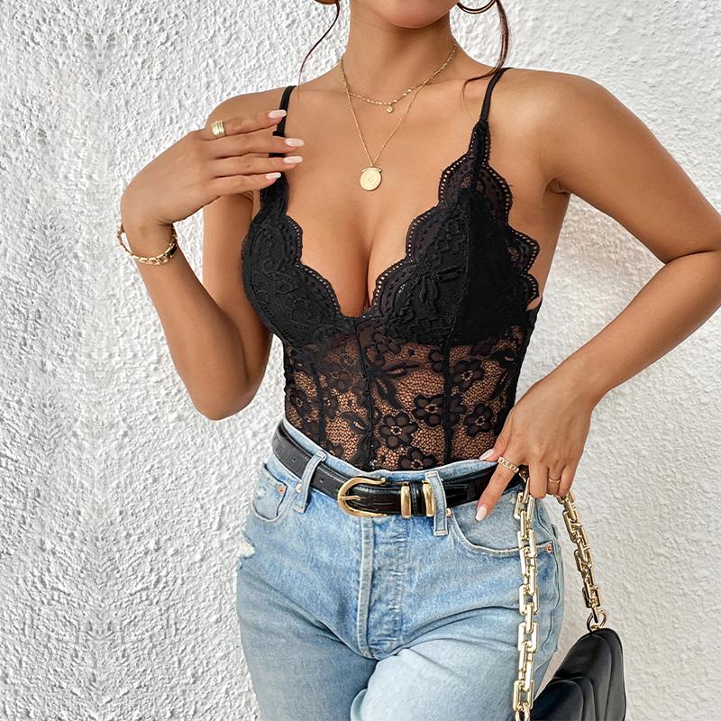 Women Sexy Black Mesh Perspective Bodysuits Lace Strap Solid Tights Jumpsuits
