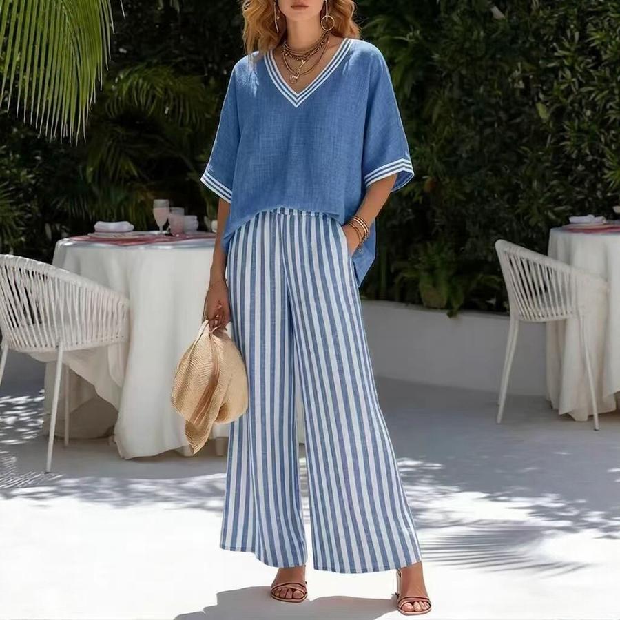 Gestreiftes Weitbein-Hosen-Set Damen Urlaubsstil Zweiteiliges Outfit Sommerurlaubsstil