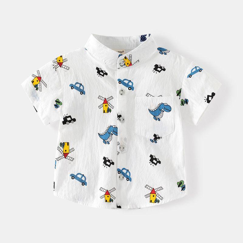 Children s Summer Clothing Boy s Stand Collar Shirt Car Little Kids Short Sleeve Children Dinosaur Shirt Clothes Baby Boy Tops White Car Dinosaur Short Sleeve Shirt 130