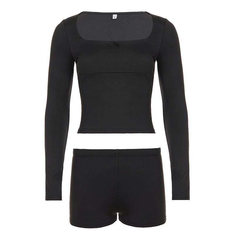 

Европейский и американский повседневный однотонный квадратный вырез длинный рукав футболка и шорты бант домашний костюм двойка L