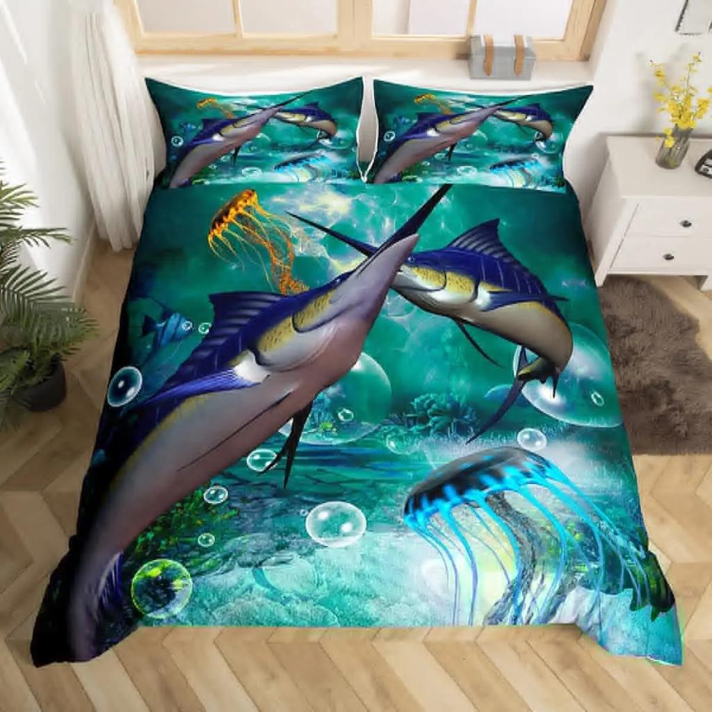 Marlin Svärdfisk Påslakanset Jakt Fiske Sängkläder Set Batik Havsfiske Båt Marint Liv Nautiskt Täckesöverdrag Queen