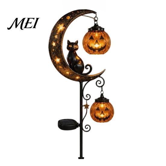 Doces ou Travessuras Acentos para Jardim Externo Halloween Luminária Solar de Estaca para Jardim, Gato Preto Abóbora na Lua Crescente com Lanterna Pendurada para Decoração de Caminho Assustador,