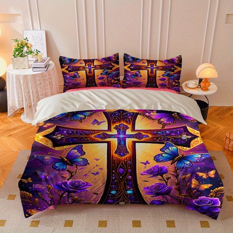2/3pcs Purple Rose and Cross Butterfly Printed Quilt Cover Set, HD Digital Printed Quilt Cover Set Contains Quilt Cover