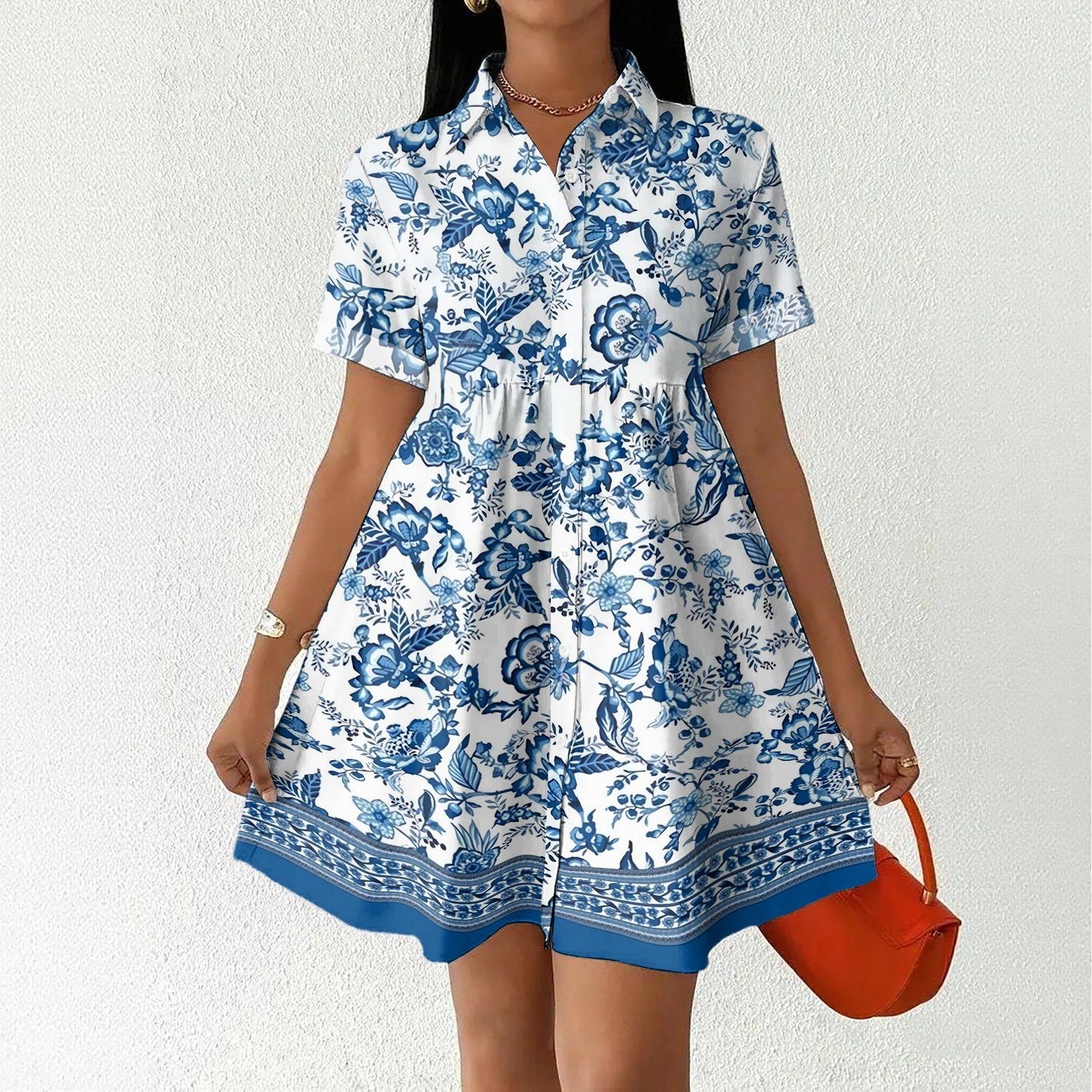

Women’s Casual Loose Fit Shirt Dress with Button Front Stand Collar Short Sleeve Polka Dot and Stripe Print Design XL