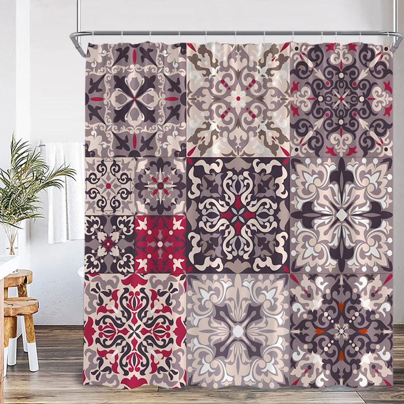 Blue Boho Floral Shower Curtains Mandala Indian Ethnic Style Pattern Bath Curtain Set Modern Polyester Bathroom Decor with Hooks