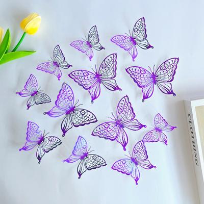 12 יח'/סט מדבקת פרפר חלול צבעוני עשה זאת בעצמך נייר פרפר תלת מימדי קישוט קיר 3 גדלים קישוטי פרפר סימולציה מעודנים