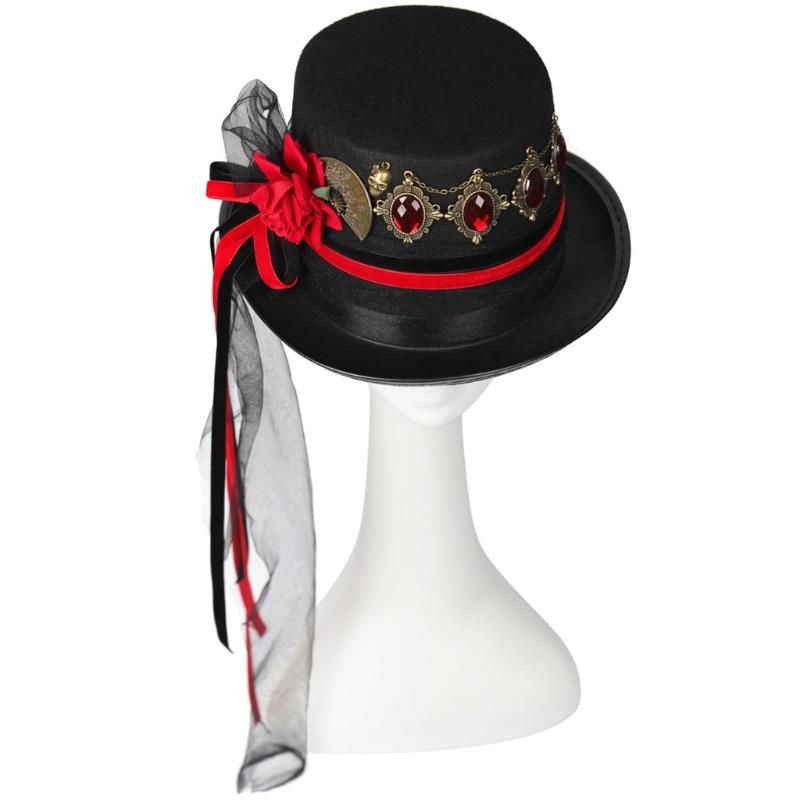 Halloween Hat with Ribbon Top Hat Steampunk Costume Accessories Cosplay Prop for Men Women Vintage Hat