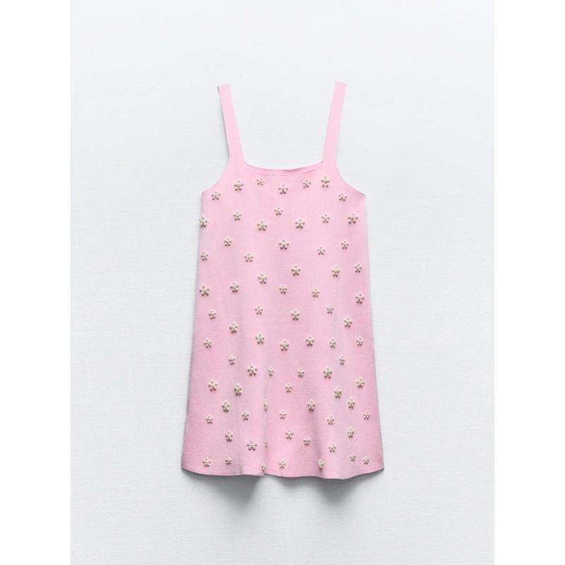 Za2024 Summer New Product Women's Clothes Sling Artificial Decorated Pearls Knitting Mini Dress 2142076 620