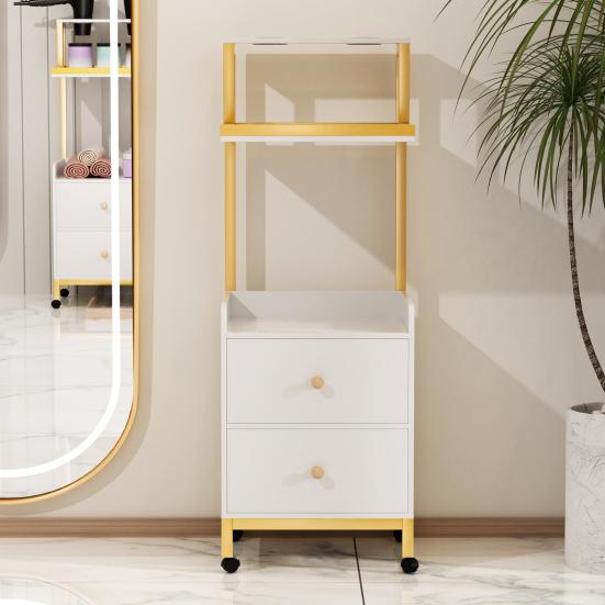 Carrinho de Armazenamento para Salão com 4 Rodas 2 Gavetas Suporte para Secador com Rodas Prateleiras Abertas Moderno Branco Dourado Estação de Barbeiro Cabeleireiro
