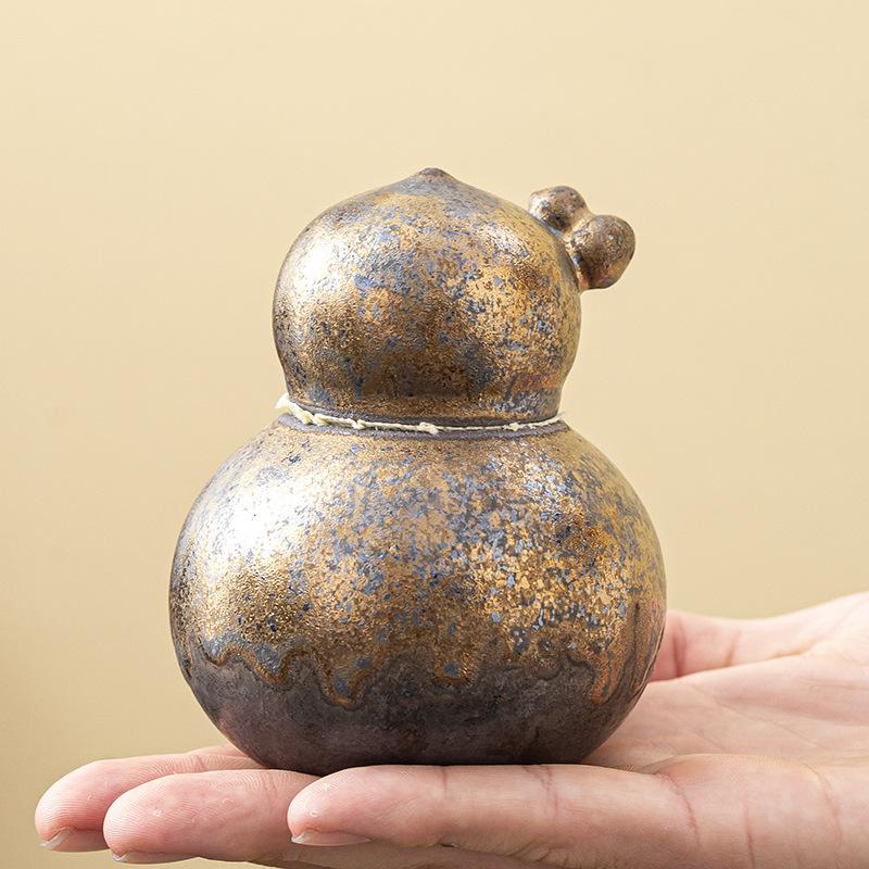 Ceramic Gourd Storage Jar Vintage Rustic Pottery Candy Jar Household Moisture-proof Container for Nuts Coffee Beans and Herbs