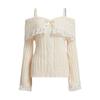 Women Off Shoulder Knit Sweater Pink Pullover Sweet Pullovers Long Sleeve Bow Lace Patchwork Jumpers Y2k Streetwear