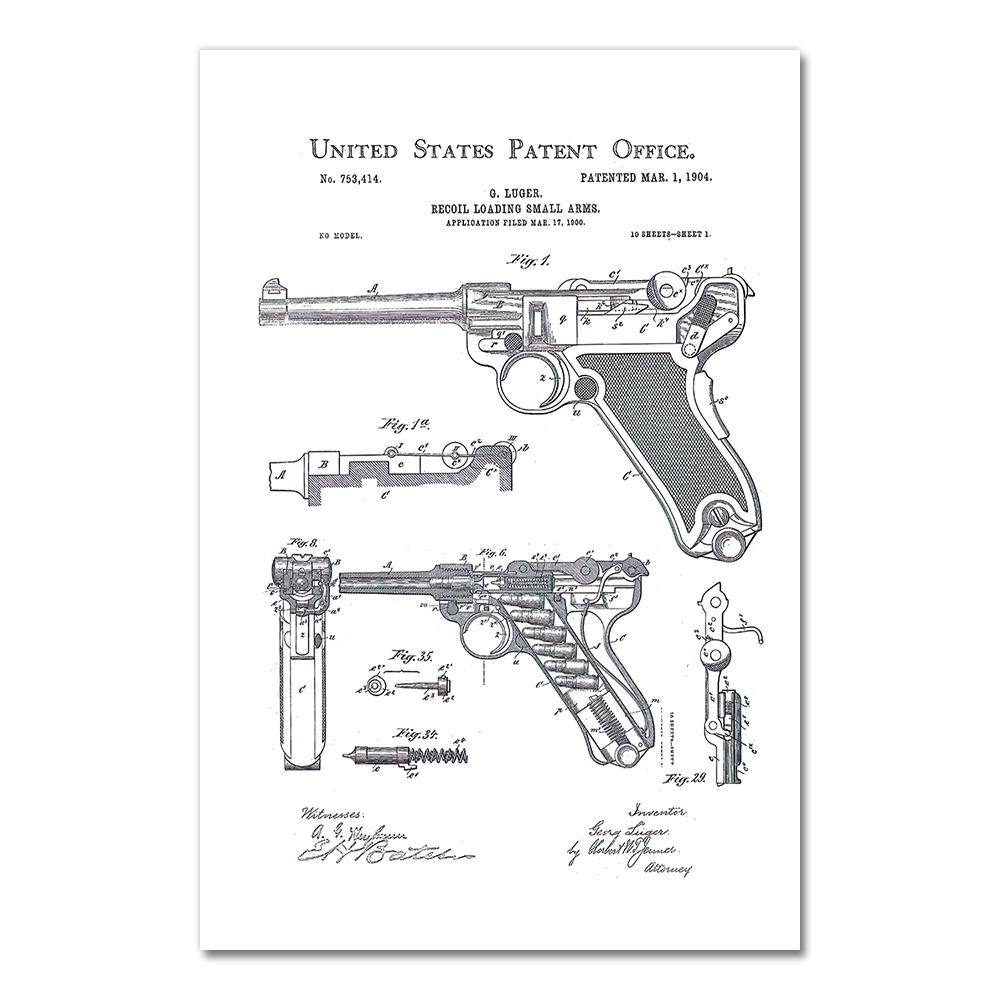 Gun Blueprint Luger Pistol Patent Chart Canvas Painting Posters And Prints Wall Pictures For Living Room Decoration Home Decor