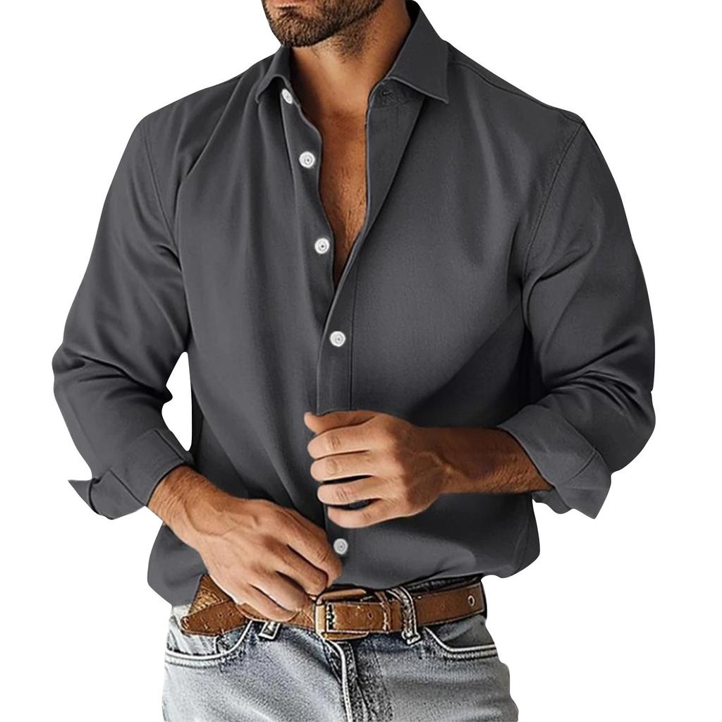 Męska koszula z długim rękawem z klapami w jednolitym kolorze Męska koszula z długim rękawem w stylu casual