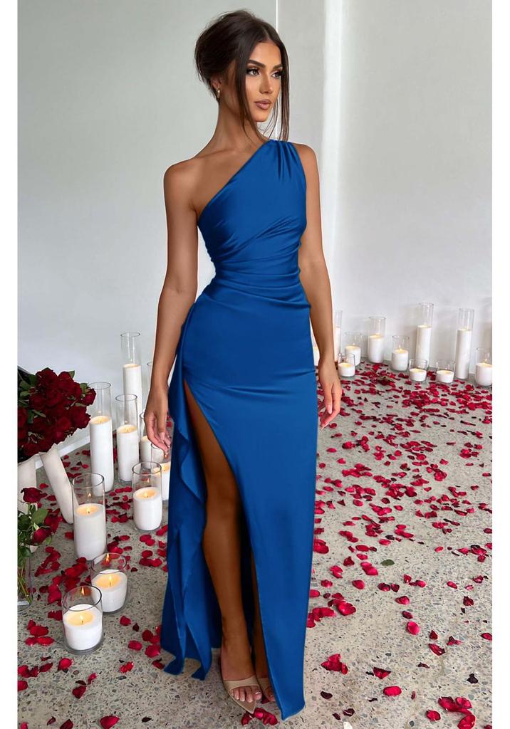 2025 One-Shoulder Ruched Slit Satin Dress: European & American Summer Slim Fit