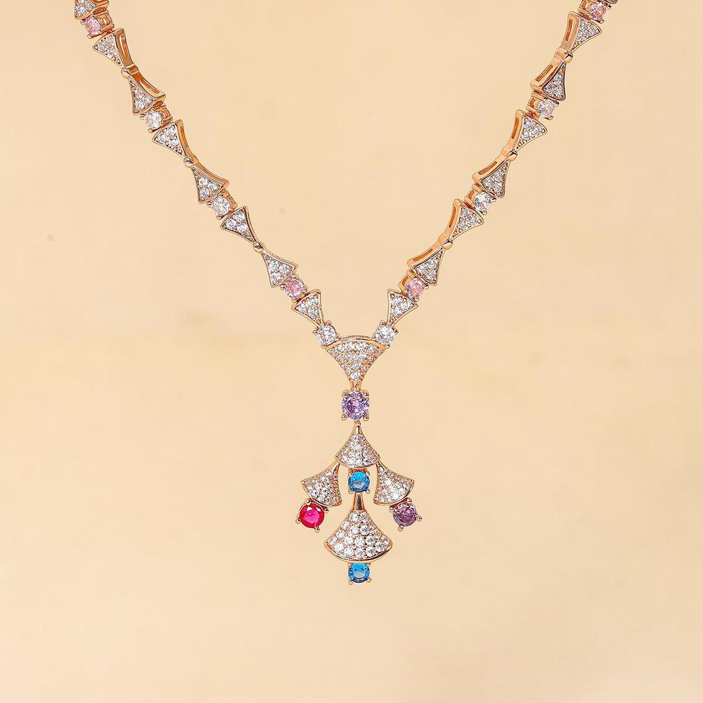Elegant Fan-shaped Necklace and Colorful Zircon Earrings Set for Women - Gold-plated Copper