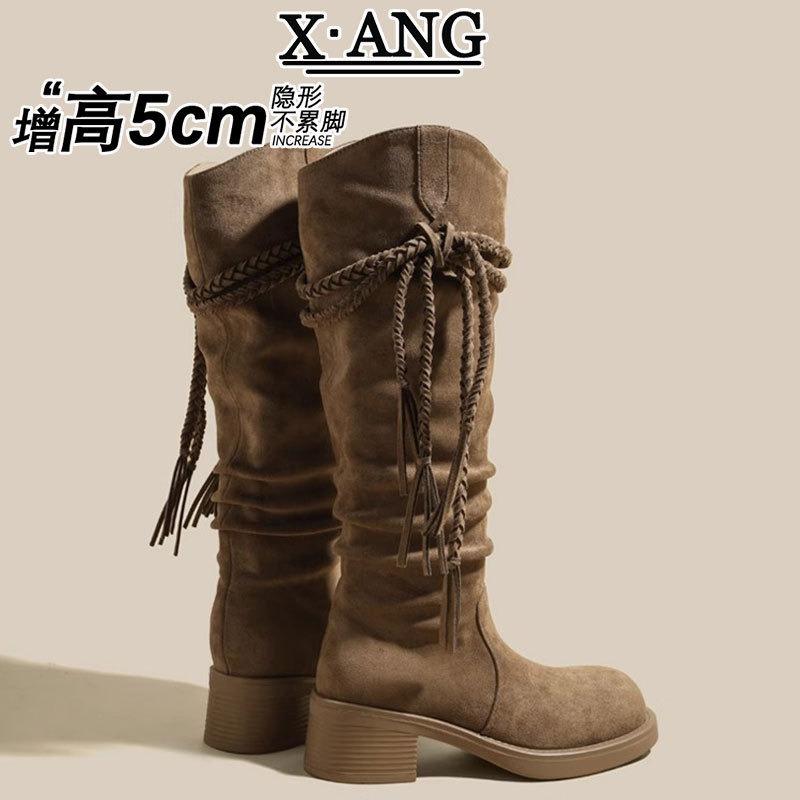 Cowhide version but knee high boots children thick heel thin knight boots fringed pile boots western cowboy boots long boots