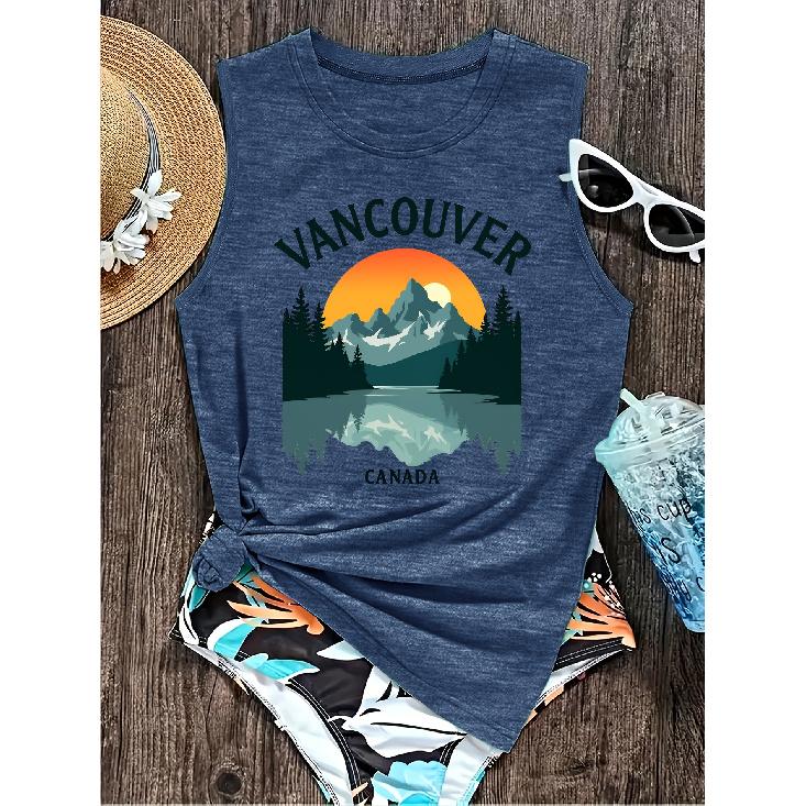 2026 New Vancouver Canada Landscape Print Round Neck Women Sleeveless Casual Soft Vest