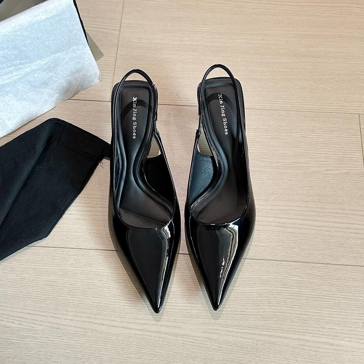 

623-1 European and American style burgundy pointed middle heel single shoes, new shallow mouth simple hollow back strap empty single shoes women 35 чёрный