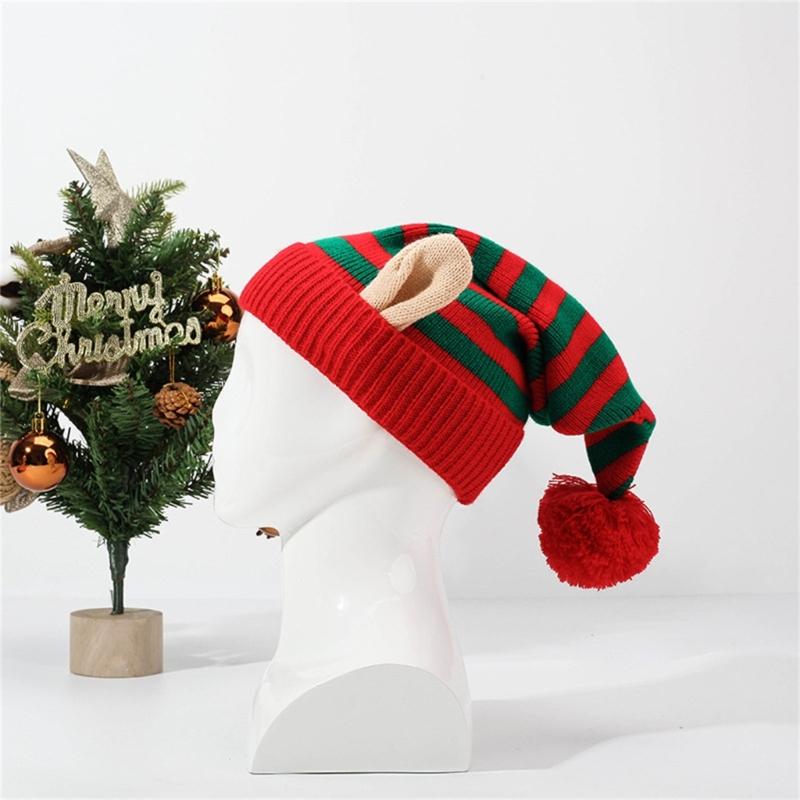 Knitted Acrylic Christmas Hats striped With Ear Top Winter Outdoor Wool Ball Daily Wear