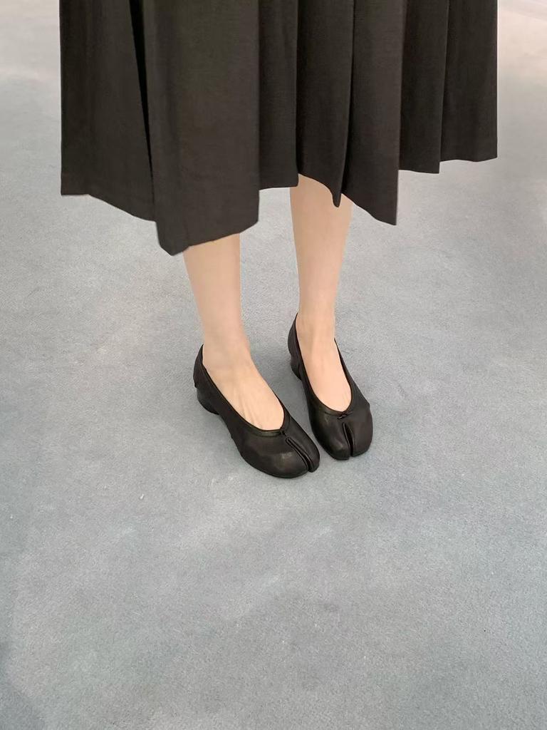 Sheepskin~ Grape Ma Same 4cm Genuine Leather Pig's Trotters High Heels Women's Pleated Ballet Light Mouth Single Shoes Thick Heel Split Toe Shoes