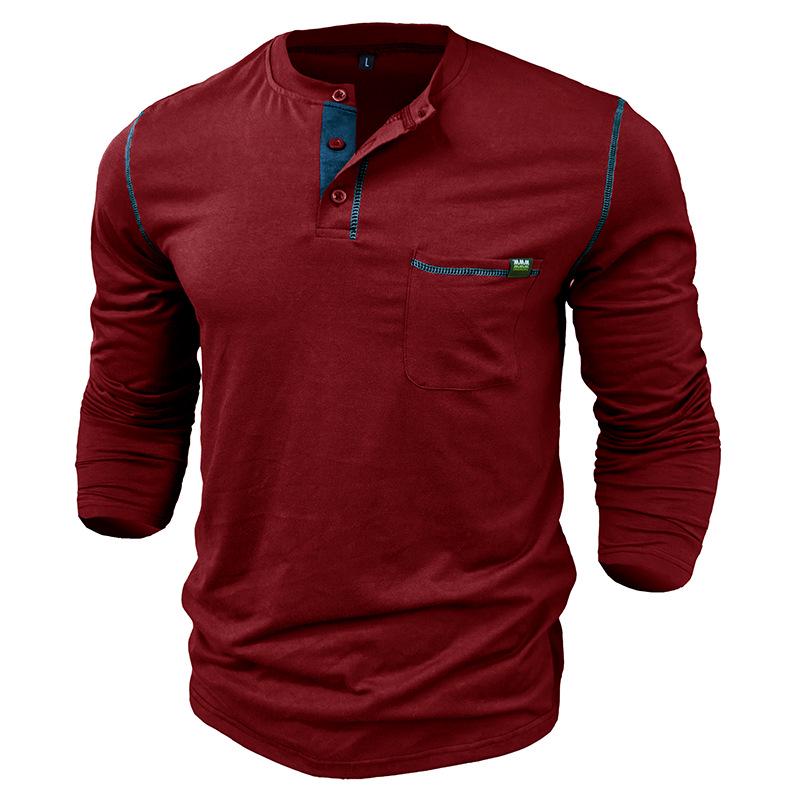 Męski T-shirt z długim rękawem Henley w blokach kolorystycznych, jesień/zima 2023, styl europejski i amerykański
