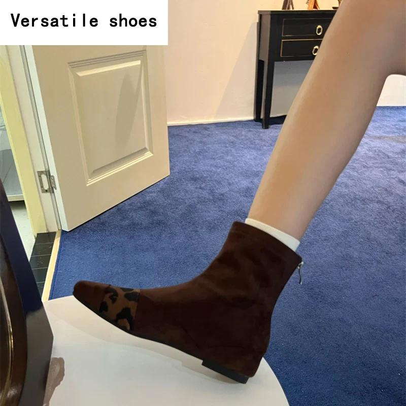 Designer Leopard Print Women Sock Boots Fashion Pointed Toe Short Booties Elegant Thick Heels Botas De Mujer