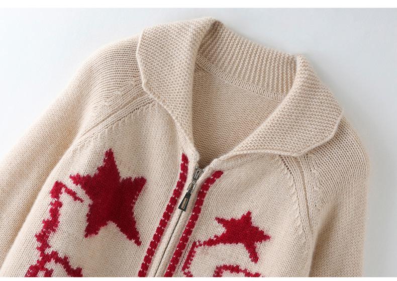 Jacquard Cashmere Cardigan - Women's Lapel Star Print Color Block Jacket (Autumn/Winter 2026)