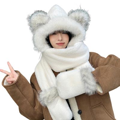 Scarf Autumn and Winter Women's Bear Ears Plush Warm Hat Gloves Integrated Cute Pullover Hat WJ
