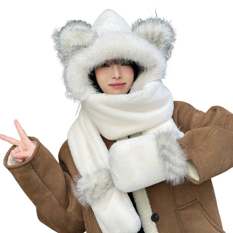 Scarf autumn and winter women's bear ears plush warm hat gloves integrated cute pullover hat WJ