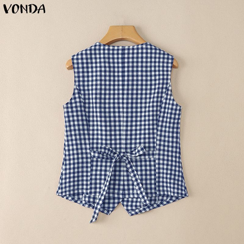 VONDA Damen Lässige Ärmellose Karierte Knöpfe Oben Weste Tanktops