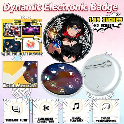Anime Electronic Pin Badge with 1.85'' HD Display Customizable Video/Photo Touch Control Long Battery Wearable for Otaku Fans Gift