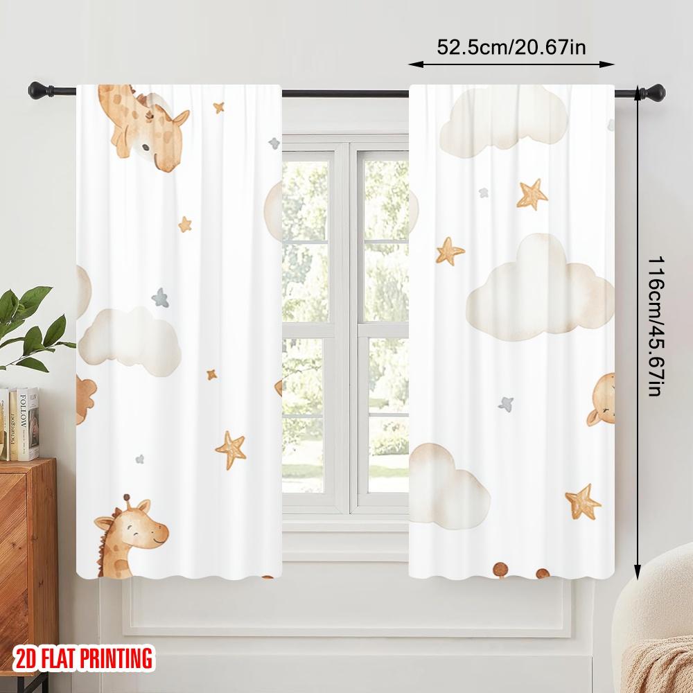 2pcs,2D Plane Printing Curtains Digital Printed Cute Giraffe Constellation Star Cloud Versatile Durable Polyester (without Rod)