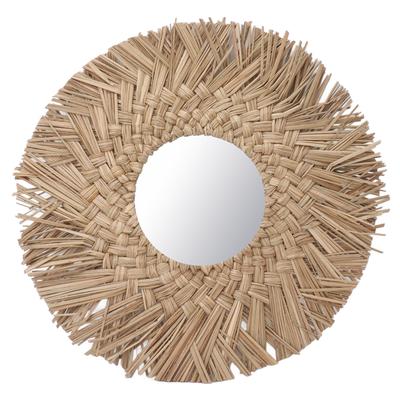 Straw Weaving Wall Mirror Retro Beautiful Woven Wall Hanging Mirror for Dorm Room Decoration Nature
