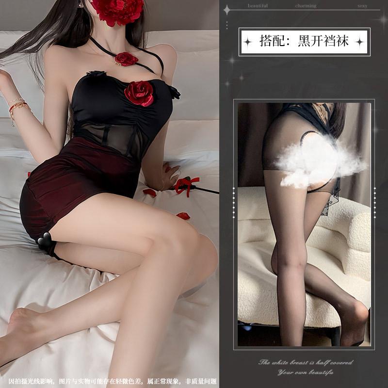 Dark Wind Spice Girl Perspective Mesh Three-dimensional Rose Neck Sex Underwear Sexy Backless Slim Dress