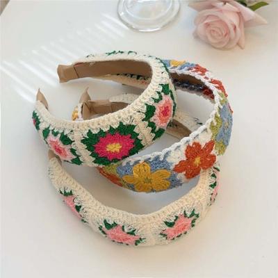 Colorful Floral Knitted Hairband Hollow Out Wide Edge Headband Embroidered Crochet Headband  Daily