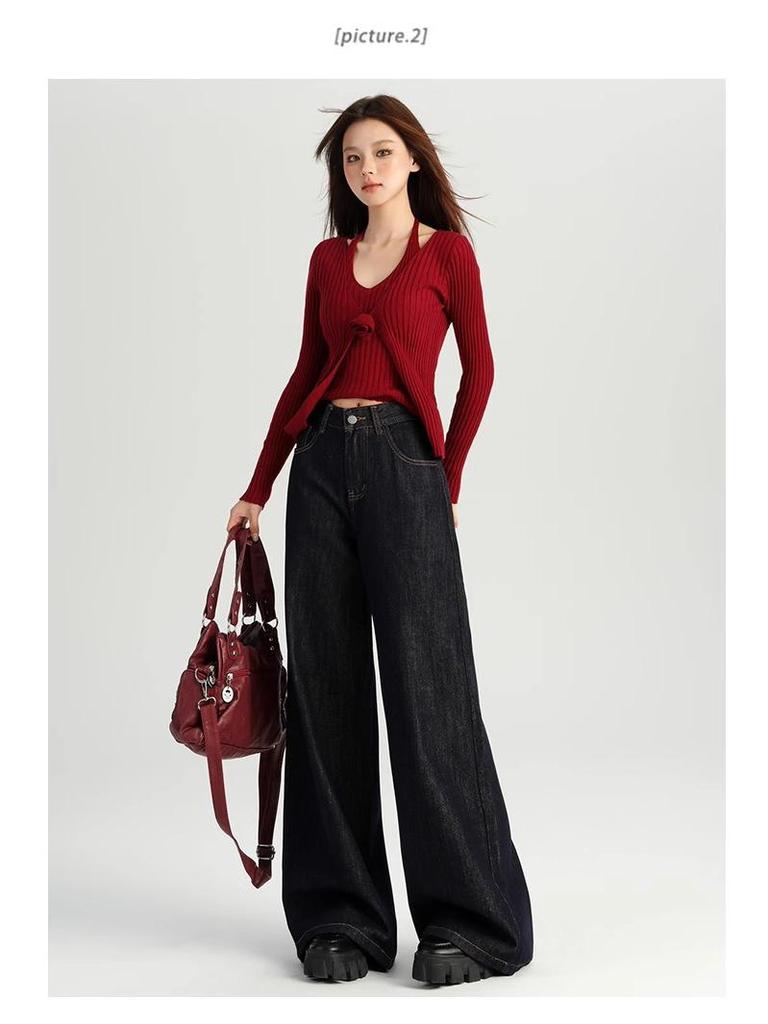 Damen 2024 Herbst Dunkelblaue High-Waist Wide-Leg Jeans - Bodenlang, Lockere Passform.