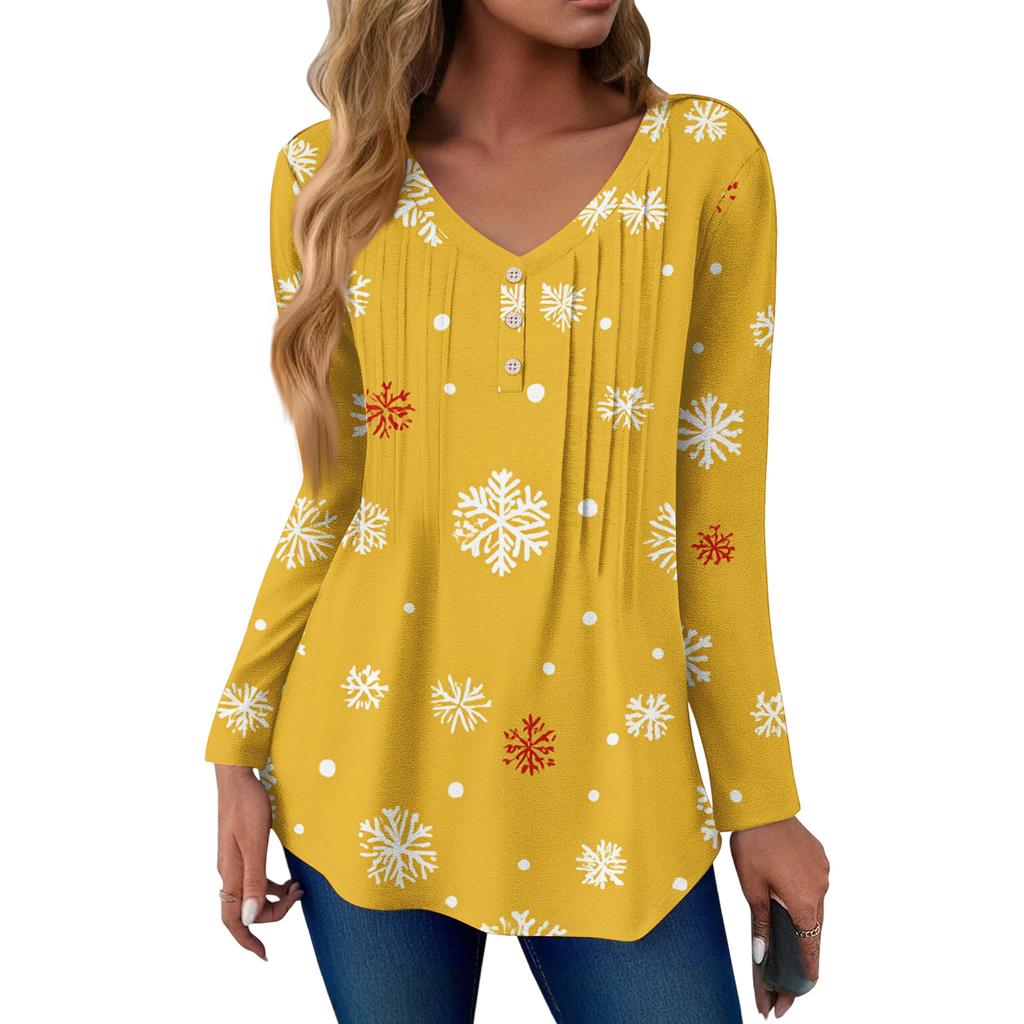 Women's Fashion Casual Christmas Tree Print V-Neck Decorative Button Long Sleeve T-Shirt Top