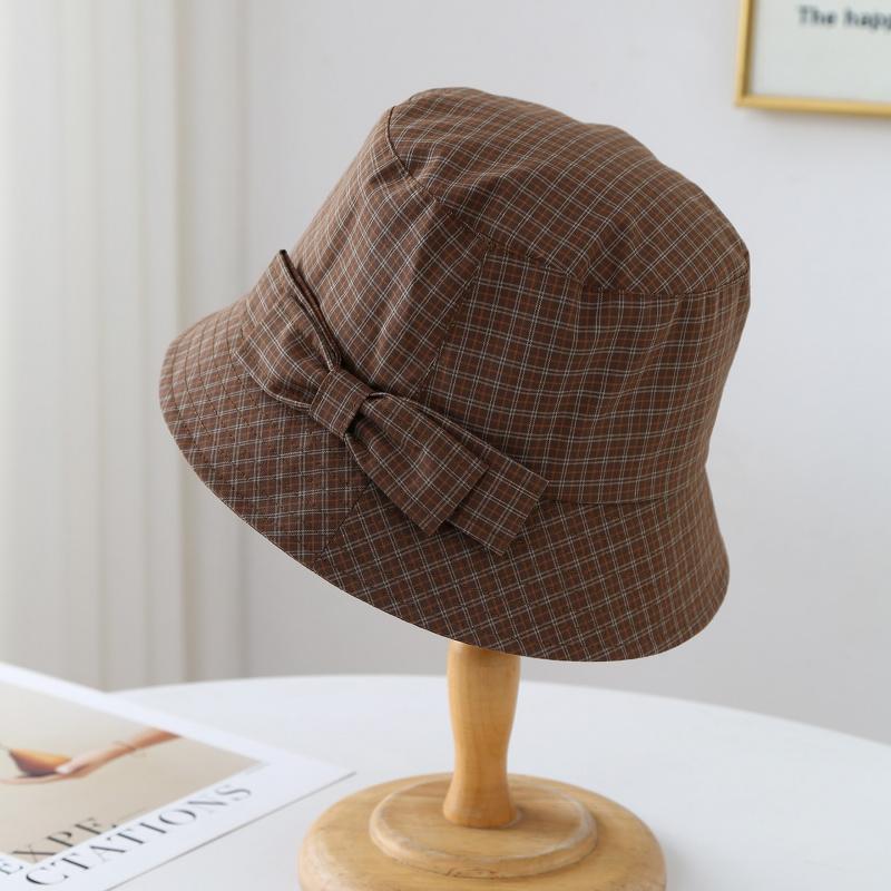Women's Bow Plaid Bucket Hat Visor Ladies Hat Outdoor Travel Thin Cap