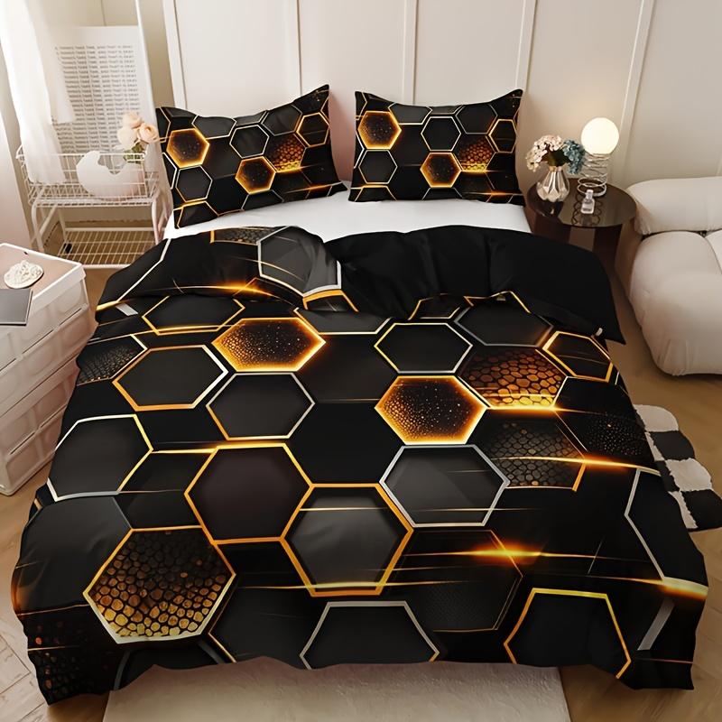 3pcs Golden Diamond Geometric Bedding Set -1 Duvet Cover 2 Pillowcases Breathable  Machine Washable - Perfect for All Seasons
