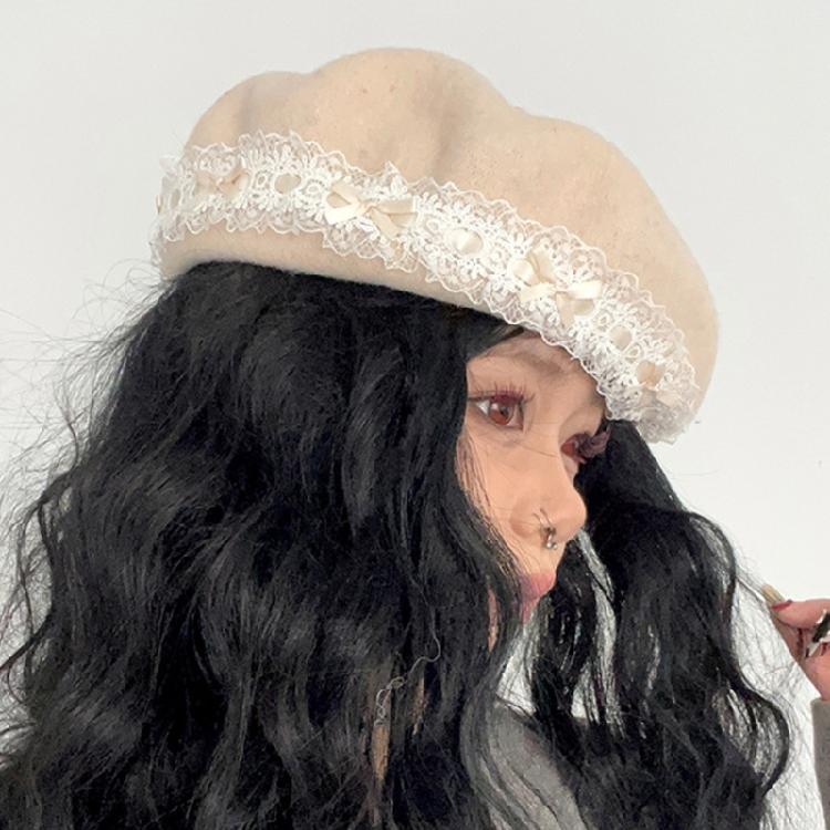 Lace Bows Cabbie Hat for Women Hat Dark Lace Vintage Cabbie Caps Unisex Headwear Autumn Winter Hat for Daily Wear