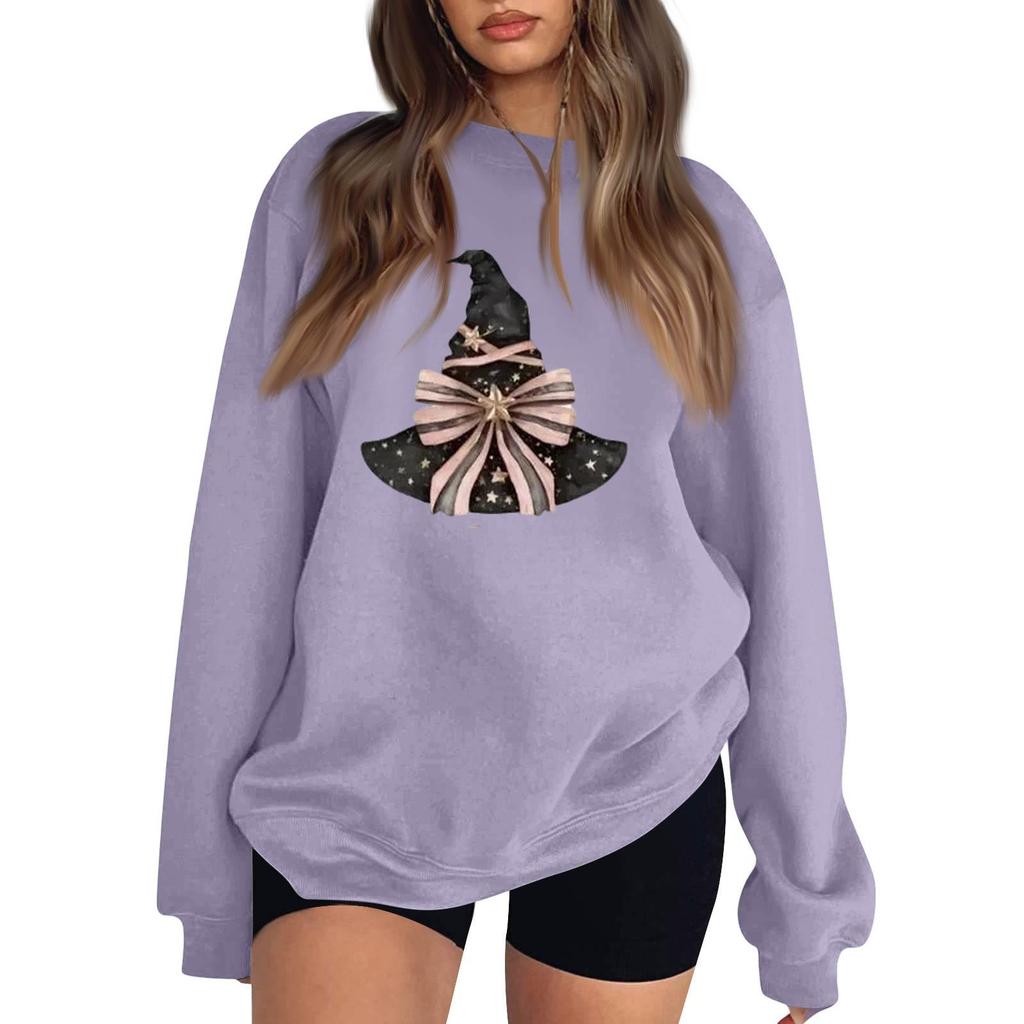 Women's Comfortable Round Neck Long Sleeve Sweatshirt Loose Fit Casual with Color and Halloween Print