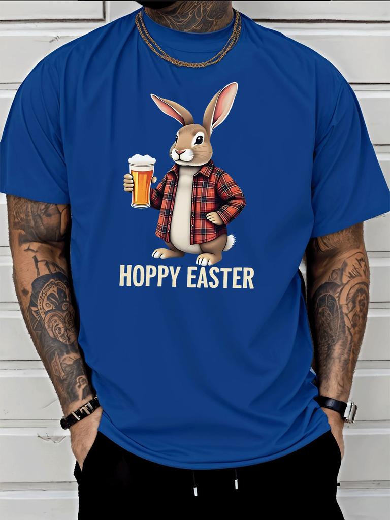 Cute Easter Bunny Holding Beer Hoppy Easter Front Graphic Print Unisexs Crew Neck Short Sleeve Tee Casual Daily Soft Basic Wear Top